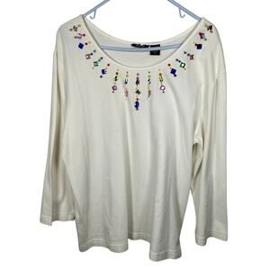 NWT Moka Sport White Rainbow Jeweled Rhinestone Cotton Blend Top Women's XL